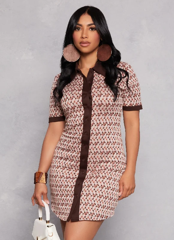 Contrast Trim Geo Print Shirt Dress