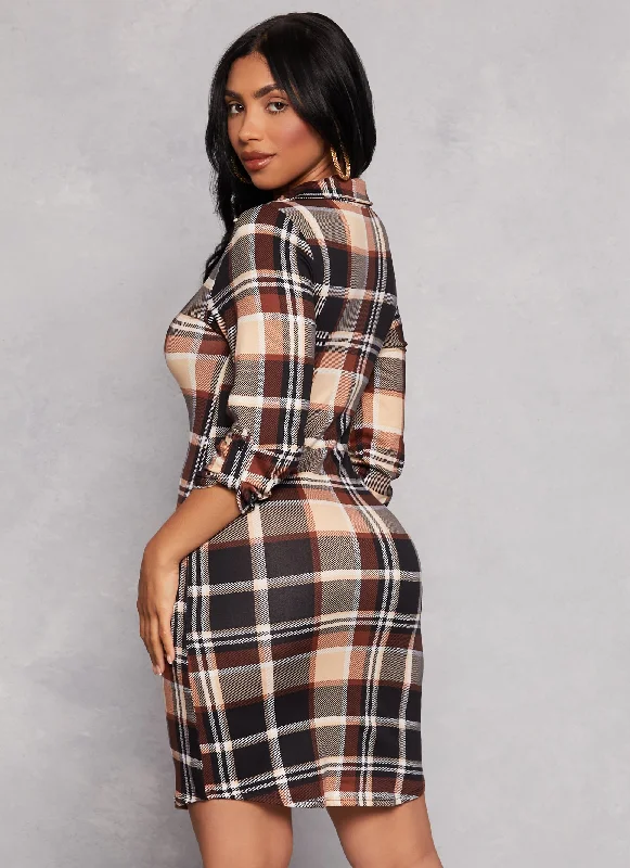 Plaid Johnny Collar Shirt Dress