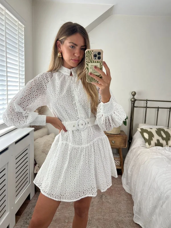 Carmen Broderie Mini Dress in White