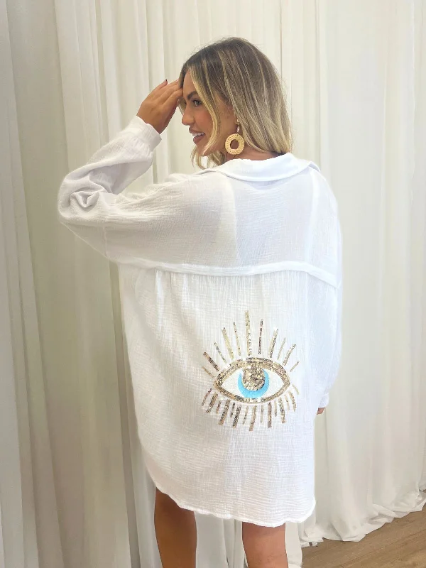 Cleo Eye Sequin Back Beach Shirt / White