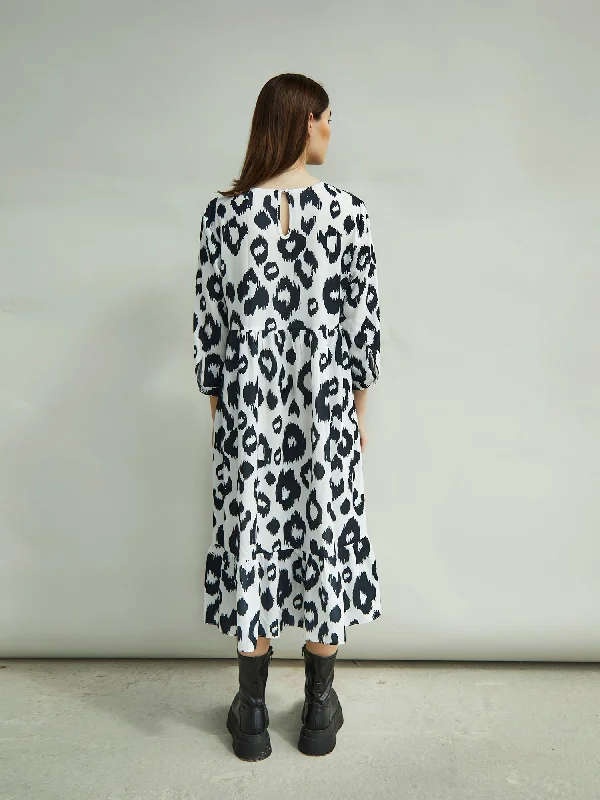 Glamorous Black White Leopard Midi Long Sleeve Wrap Dress