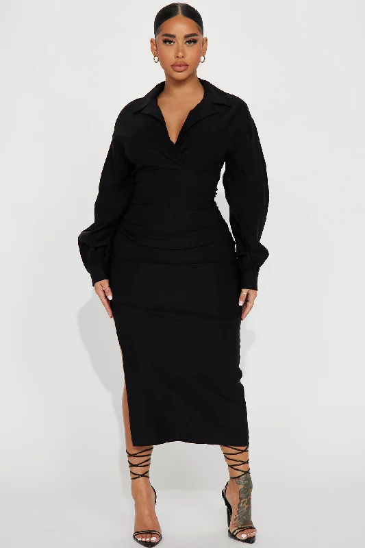 Elise Ruched Midi Dress - Black