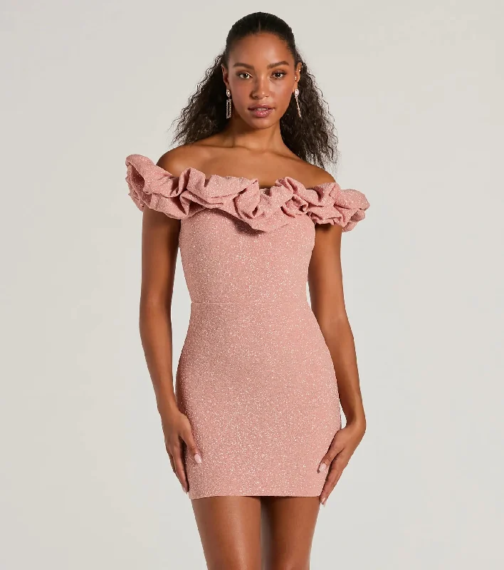 Ember Off-The-Shoulder Ruffle Glitter Party Dress