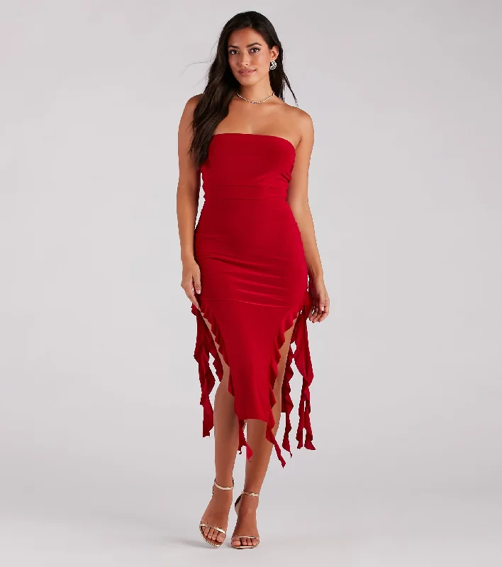 Flirtatious Aura Ruffled High Slit Midi Dress