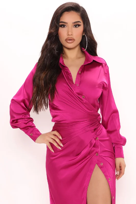 Gabriella Satin Maxi Shirt Dress - Magenta