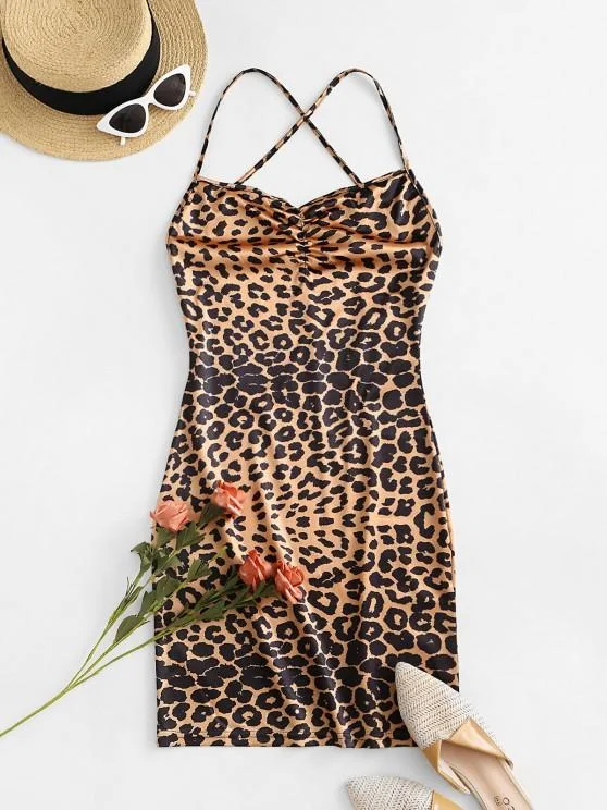 Leopard Criss Cross Backless Bodycon Dress