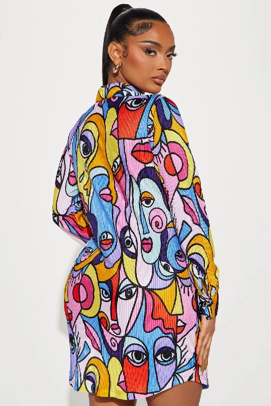 Lisa Plisse Abstract Shirt Dress - Multi Color