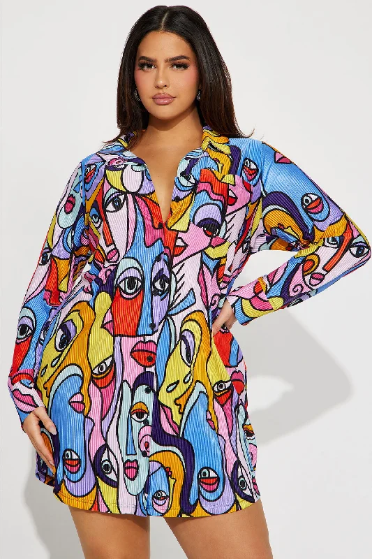 Lisa Plisse Abstract Shirt Dress - Multi Color