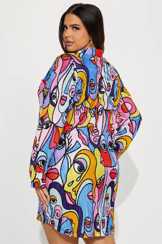 Lisa Plisse Abstract Shirt Dress - Multi Color