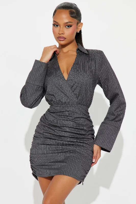 Office Gossip Pinstripe Mini Dress - Charcoal