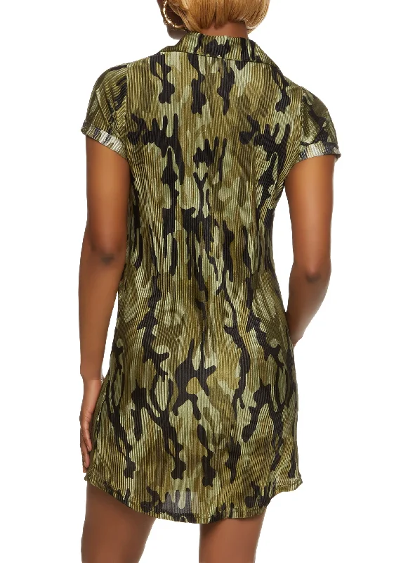 Plisse Camouflage Mini Shirt Dress