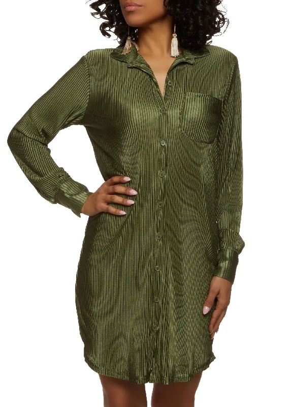 Plisse Long Sleeve Shirt Dress