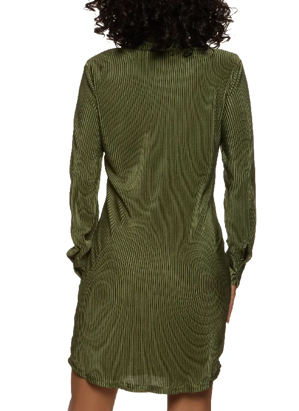 Plisse Long Sleeve Shirt Dress