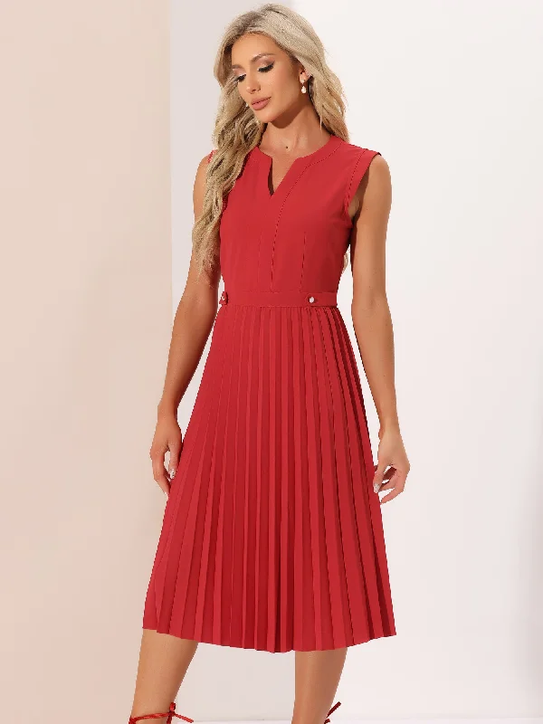 Sleeveless Dress Casual V Neck Button Pleated Midi Dress