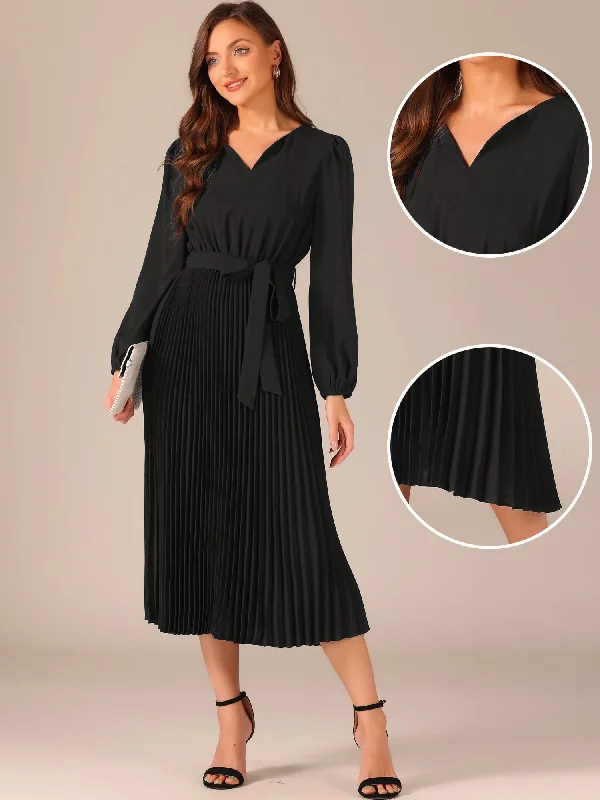 Solid V-Neck Long Sleeve Belted Pleated Midi Dress