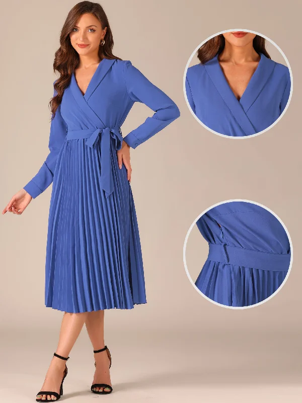 Pleated Shawl Collar Long Sleeves Belted Midi Dress