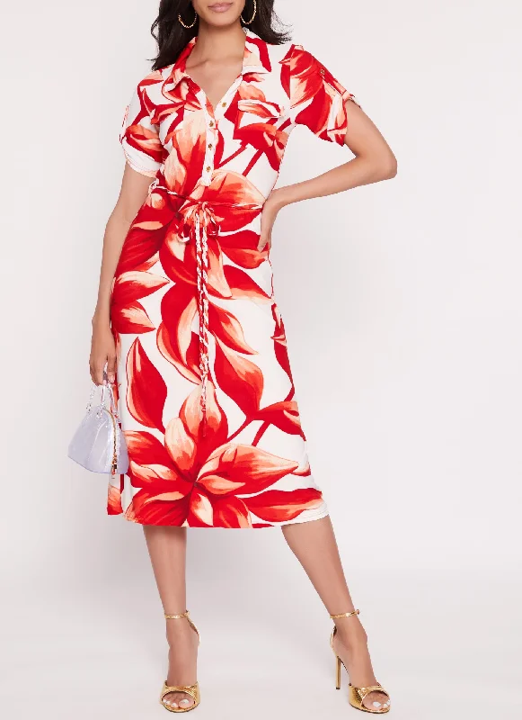 Floral Print Tabbed Sleeve Midi Shirt Dress