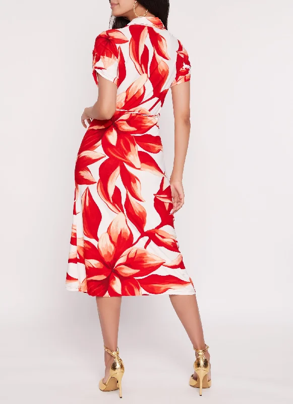 Floral Print Tabbed Sleeve Midi Shirt Dress