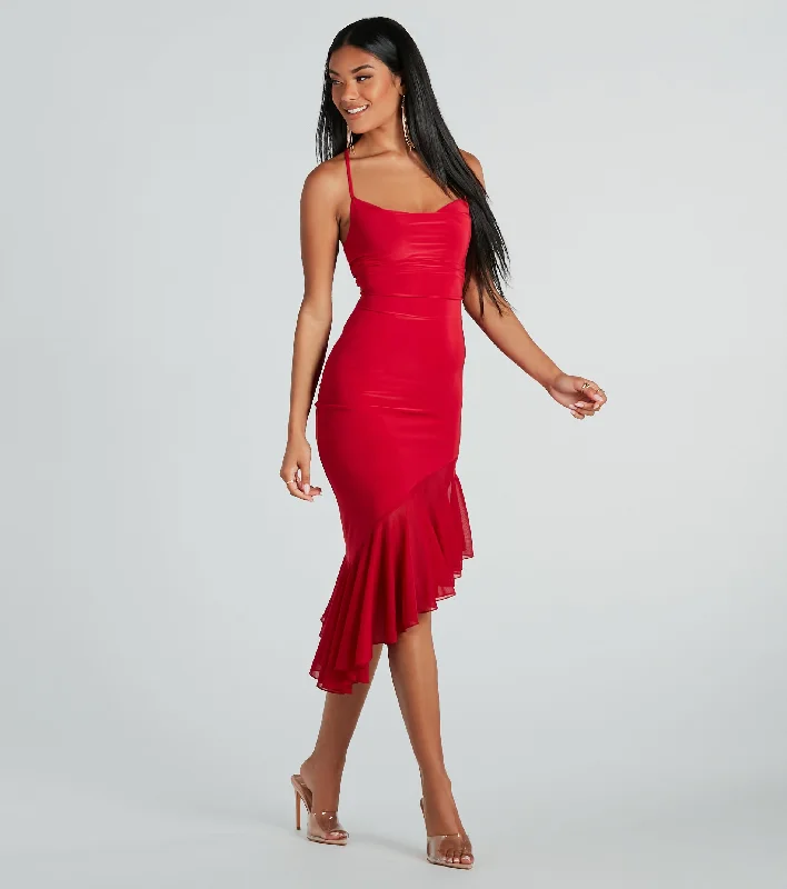 Timeless Allure Cowl Neck Mesh Ruffle Midi Dress