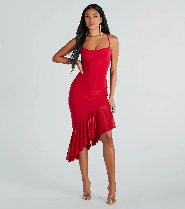 Timeless Allure Cowl Neck Mesh Ruffle Midi Dress