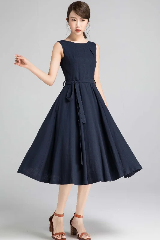 Xiaolizi handmade 50s sleeveless swing midi dress in Blue 1401#