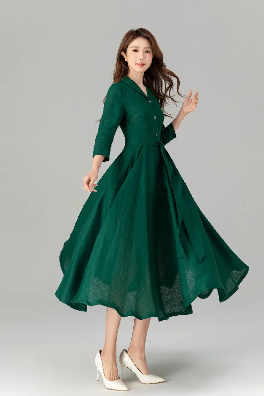 Green spring swing linen shirt dress for women 4911