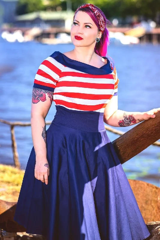 Darlene Nautical Swing Dress in Navy with Red & White Stripes