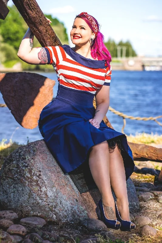 Darlene Nautical Swing Dress in Navy with Red & White Stripes