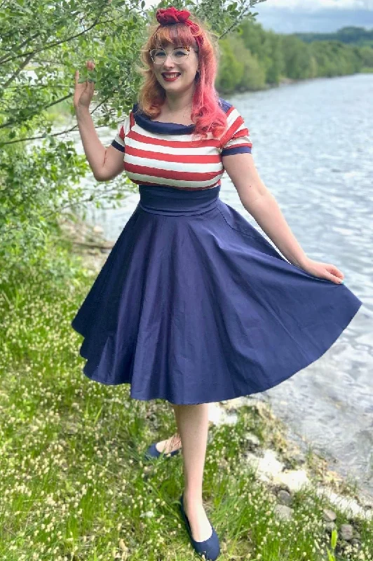 Darlene Nautical Swing Dress in Navy with Red & White Stripes