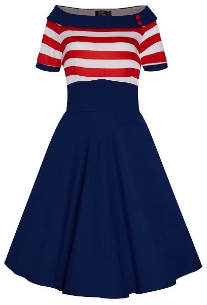 Darlene Nautical Swing Dress in Navy with Red & White Stripes