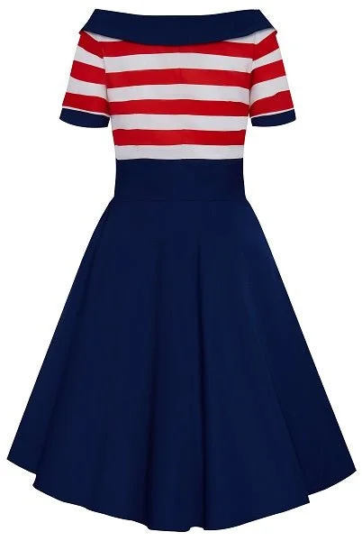 Darlene Nautical Swing Dress in Navy with Red & White Stripes