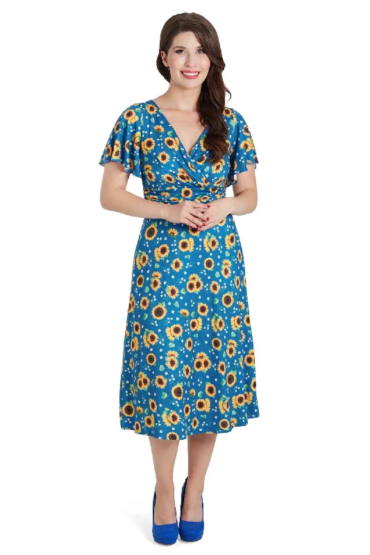 Donna Crossover Bust Blue Sunflower Dress