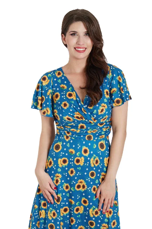 Donna Crossover Bust Blue Sunflower Dress