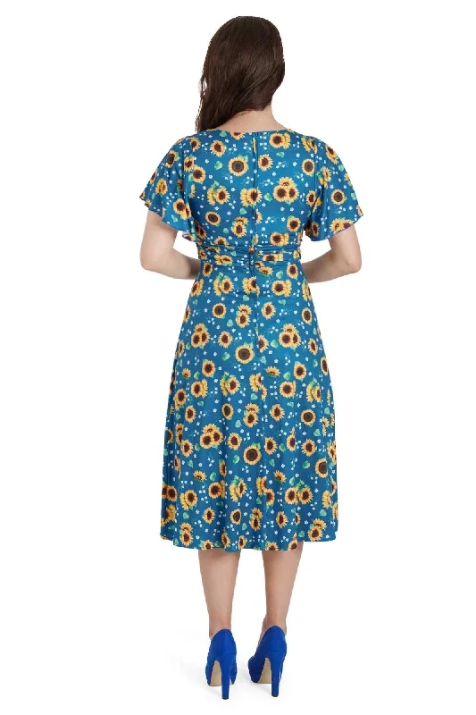 Donna Crossover Bust Blue Sunflower Dress