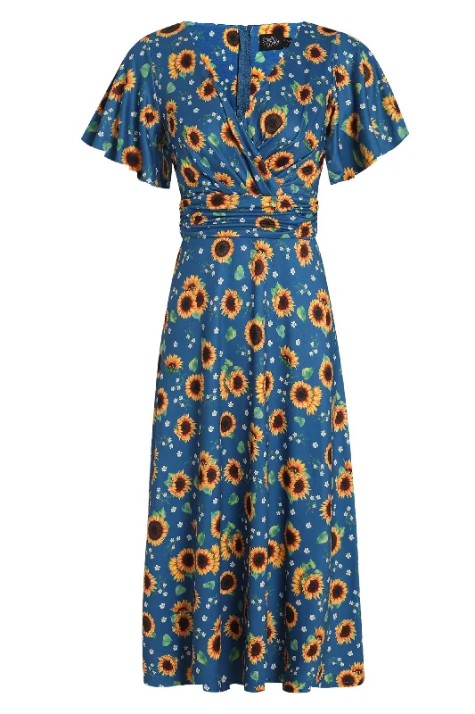 Donna Crossover Bust Blue Sunflower Dress