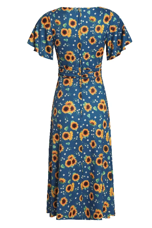 Donna Crossover Bust Blue Sunflower Dress