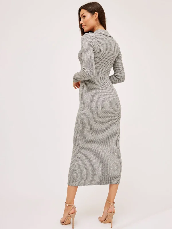 Everly Collar Knitted Midi Dress / Grey