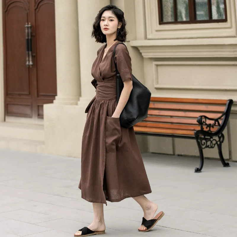 Fit and flare brown midi linen dress 4957