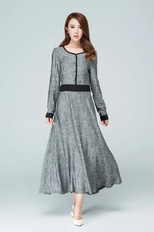 grey dress,linen dress,maxi dress 1578