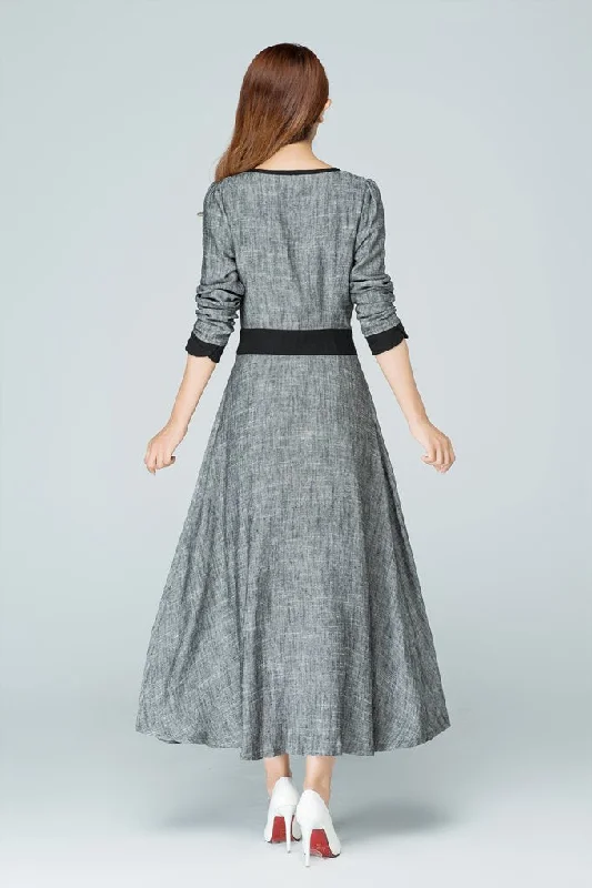 grey dress,linen dress,maxi dress 1578