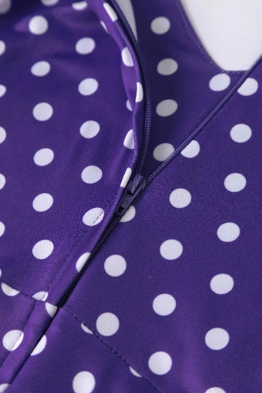 Janice Purple Polka Dot Sleeved Flared Tea Dress