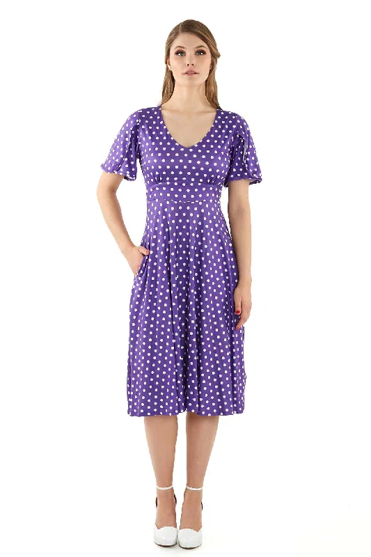 Janice Purple Polka Dot Sleeved Flared Tea Dress