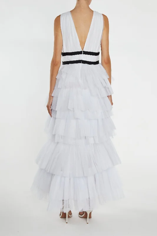 Eliza White Plunging Neck Layered Tulle Skirt Maxi-Dress