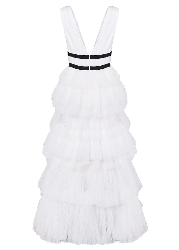 Eliza White Plunging Neck Layered Tulle Skirt Maxi-Dress