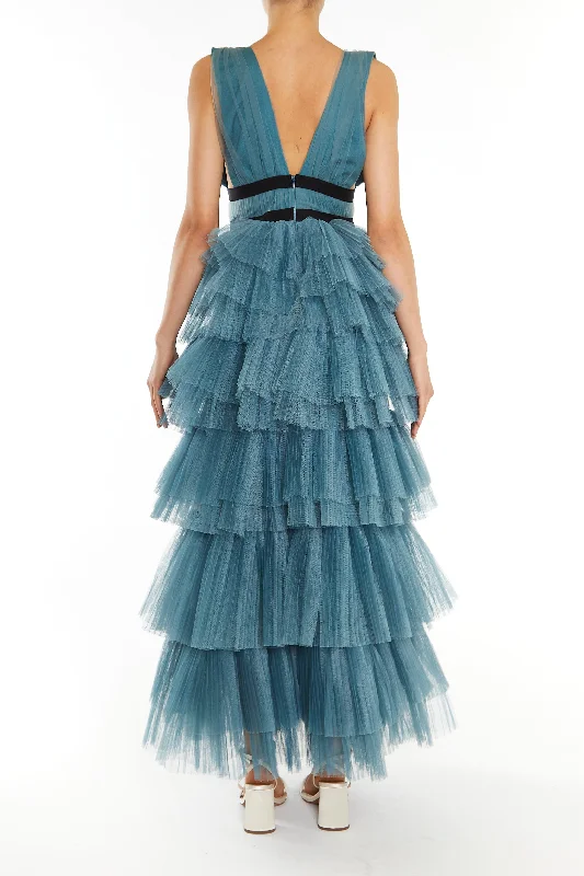 Eliza Teal Blue Plunging Neck Layered Tulle Skirt Maxi-Dress