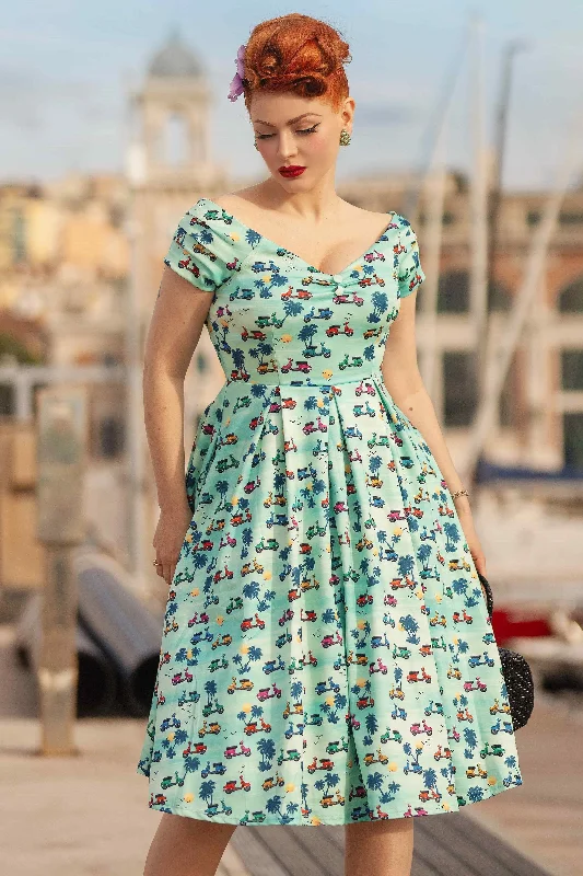 Lily Scooter Print Off Shoulder Dress in Turquoise Blue