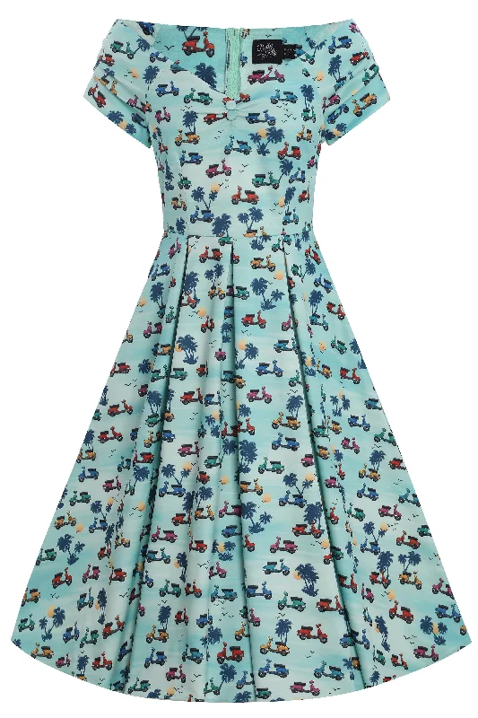 Lily Scooter Print Off Shoulder Dress in Turquoise Blue