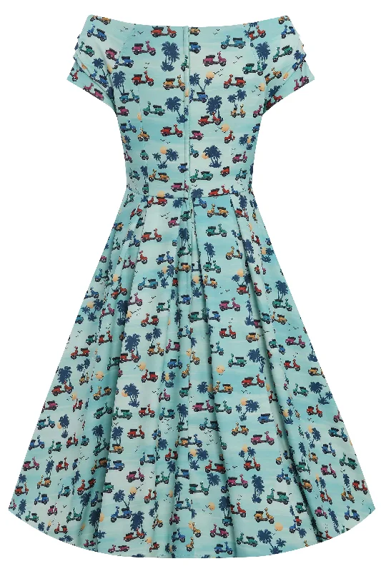 Lily Scooter Print Off Shoulder Dress in Turquoise Blue