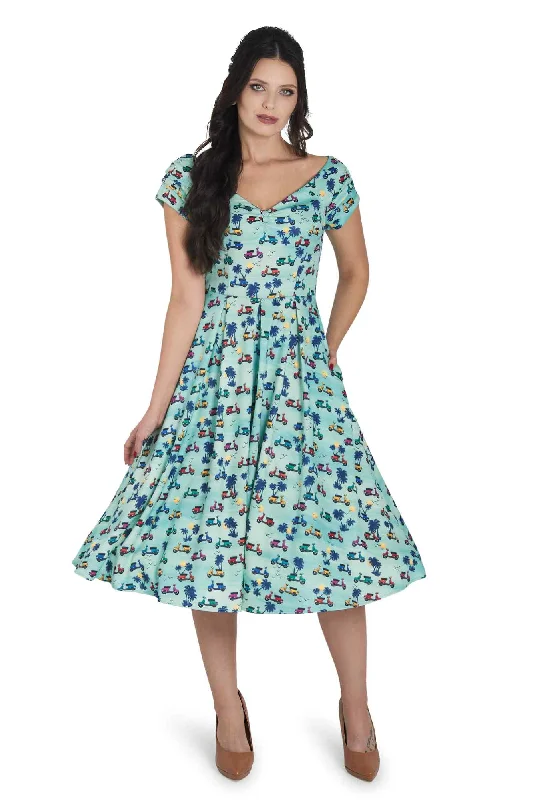 Lily Scooter Print Off Shoulder Dress in Turquoise Blue