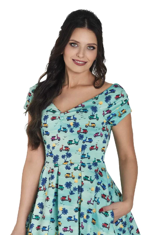 Lily Scooter Print Off Shoulder Dress in Turquoise Blue